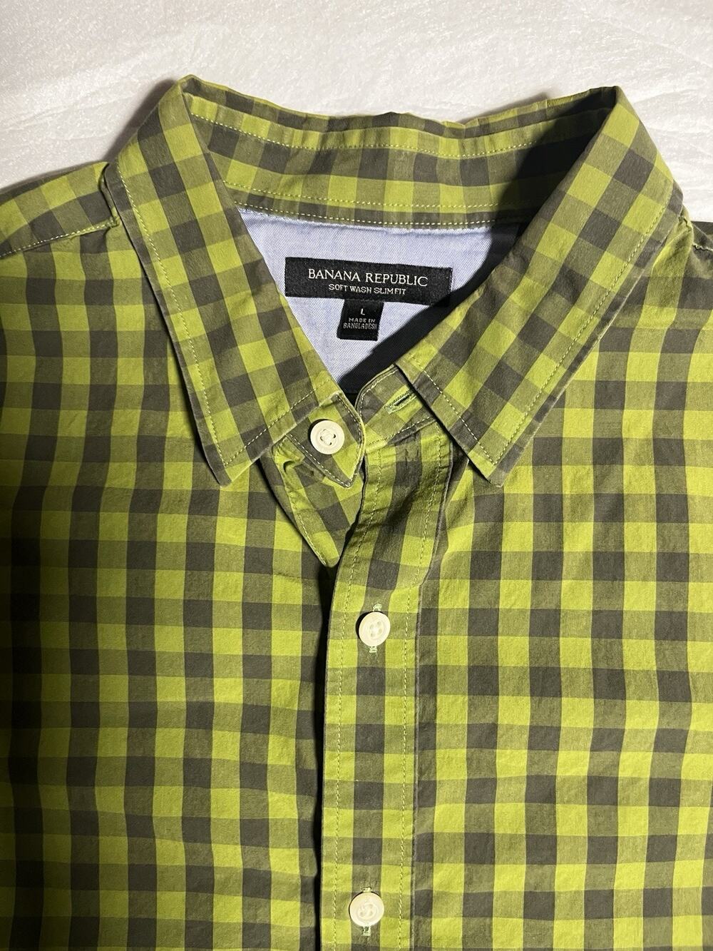Banana Republic Soft Wash Slim Fit Green Gingham Check Button Shirt Mens L